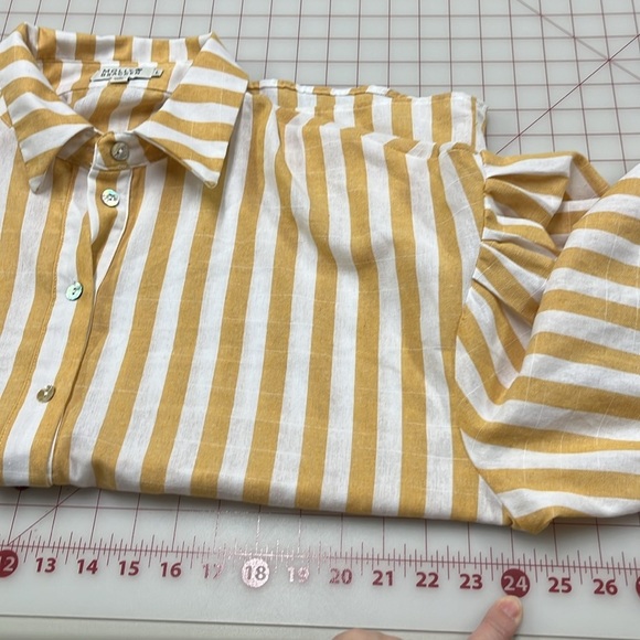 MOLLY BRACKEN Mustard/White Stripe Cottage/Career/City Long Puff SLV Blouse L - Picture 14 of 15